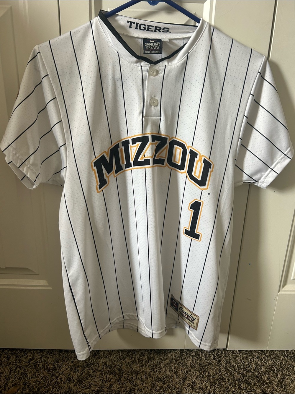 Mizzou Tigers White Pinstripe Kids Baseball Jersey - #1